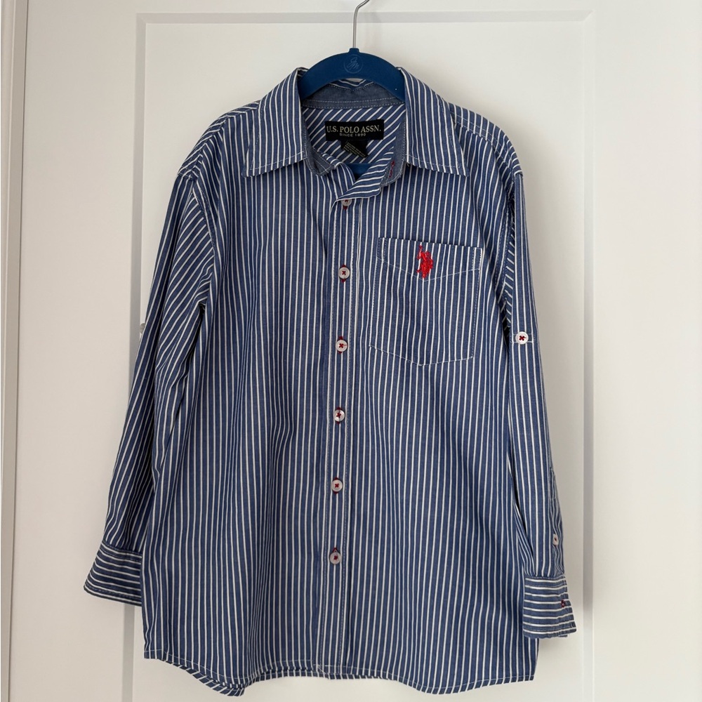 US POLO Stripped Blue and White Button Down Shirt - size 8 - Picture 2 of 6
